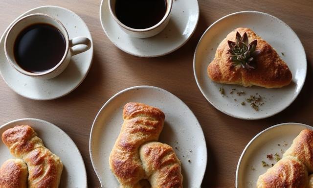 Mesa rústica con tazas de cerámica artesanal y café, luz tenue