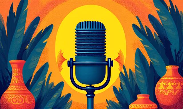 Ilustración de objetos culturales colombianos y un micrófono, simbolizando la herencia