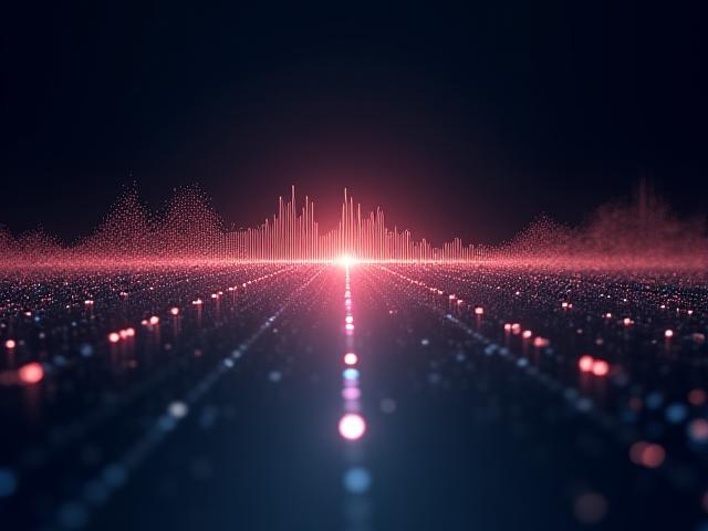 Ondas de sonido visualizadas en una pantalla con elementos gráficos de marca