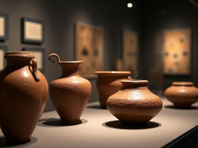 Objetos de cerámica precolombina exhibidos en un museo con iluminación suave