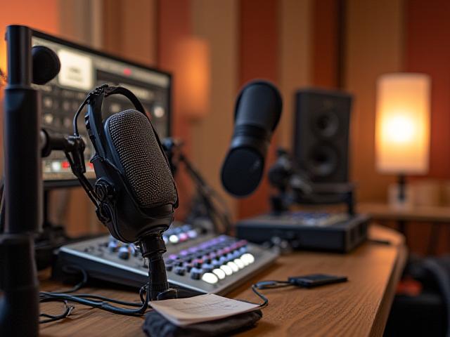 Micrófonos de estudio y equipo de grabación de podcast